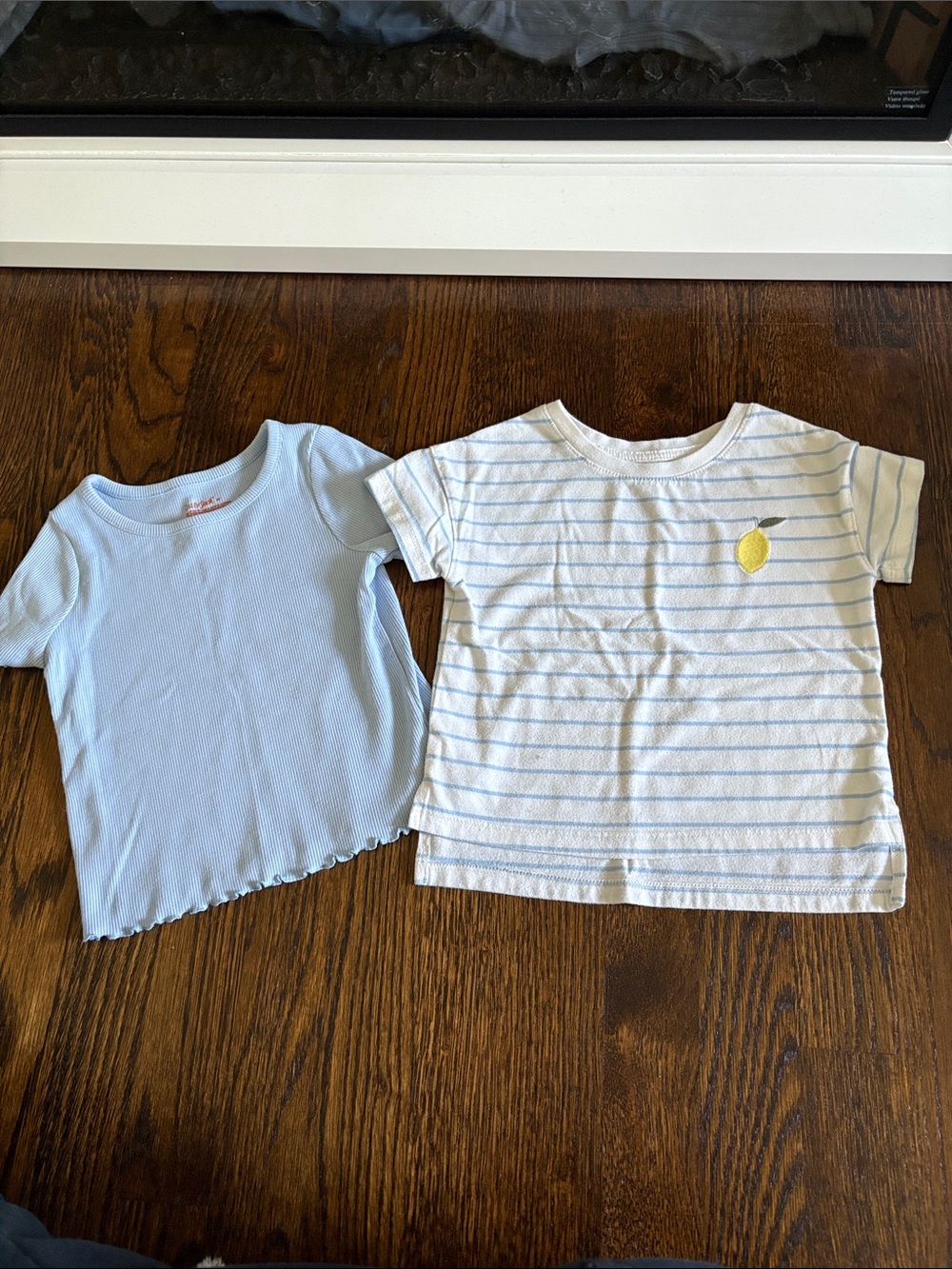 Girls Light Blue Ribbed Tee & White Stripe Lemon Graphic Short Sleeve Top - Set